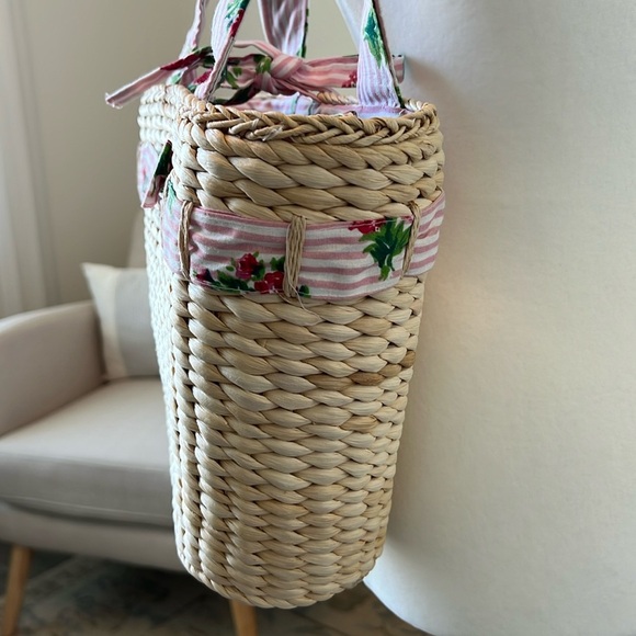 Laura Ashley Vintage Straw Tote Shoulder Bag Pink White Floral Stripe Bow Detail - Picture 15 of 17